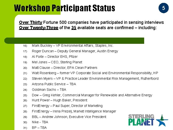 Workshop Participant Status 5 Over Thirty Fortune 500 companies have participated in sensing interviews