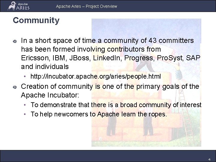 Apache Aries – Project Overview Community In a short space of time a community