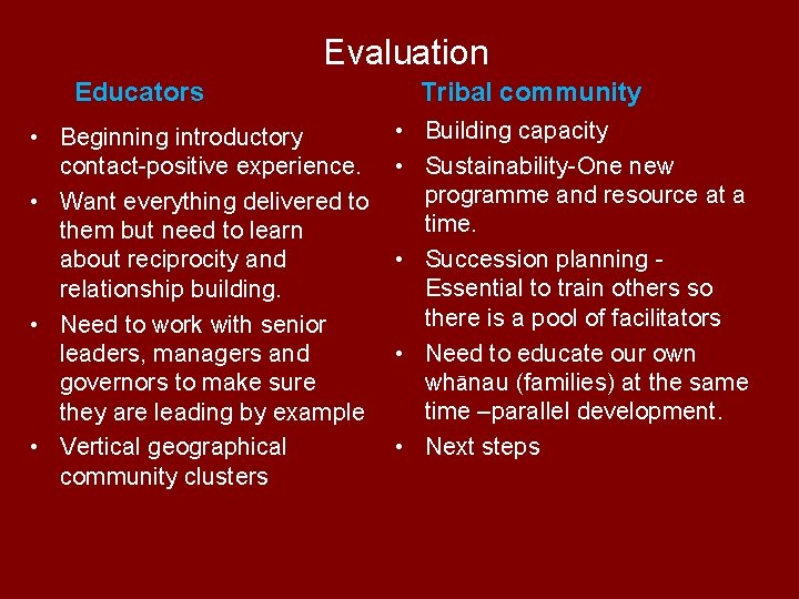 Evaluation Educators • Beginning introductory contact positive experience. • Want everything delivered to them