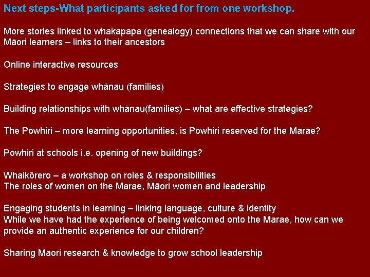 Next steps-What participants asked for from one workshop. More stories linked to whakapapa (genealogy)