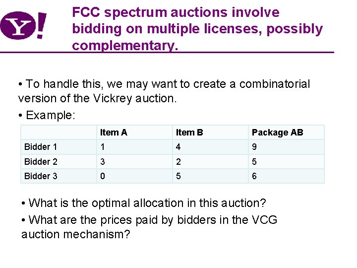 FCC spectrum auctions involve bidding on multiple licenses, possibly complementary. • To handle this,