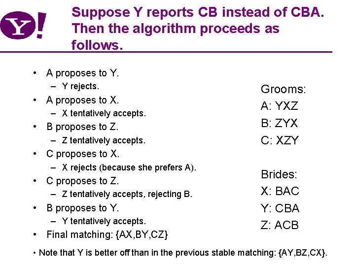 Suppose Y reports CB instead of CBA. Then the algorithm proceeds as follows. •