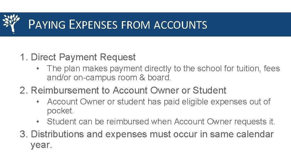 PAYING EXPENSES FROM ACCOUNTS 1. Direct Payment Request • The plan makes payment directly