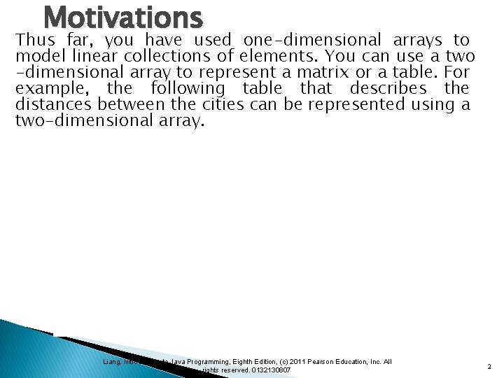 Motivations Thus far, you have used one-dimensional arrays to model linear collections of elements.