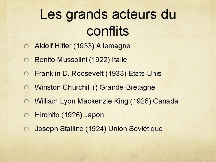 Les grands acteurs du conflits Aldolf Hitler (1933) Allemagne Benito Mussolini (1922) Italie Franklin