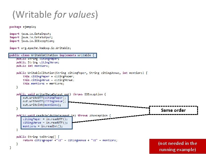 (Writable for values) Same order (not needed in the running example) (Writable for values) Same order (not needed in the running example)