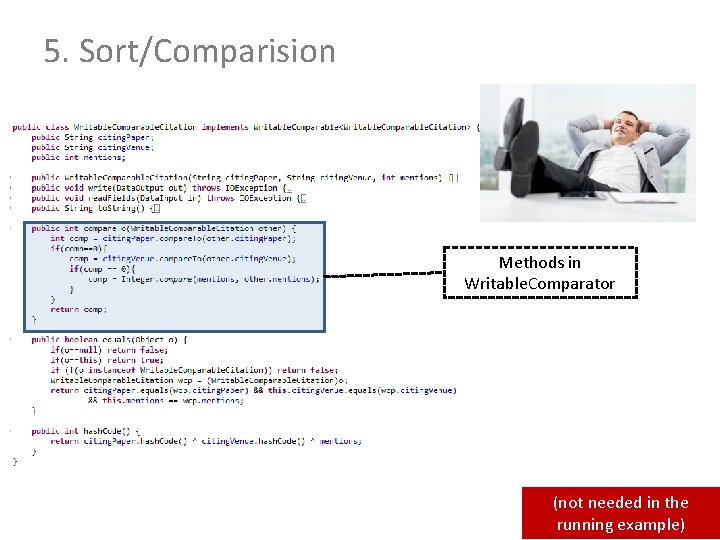 5. Sort/Comparision Methods in Writable. Comparator (not needed in the running example) 
