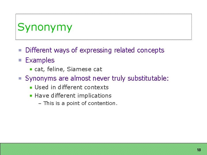 Synonymy Different ways of expressing related concepts Examples cat, feline, Siamese cat Synonyms are