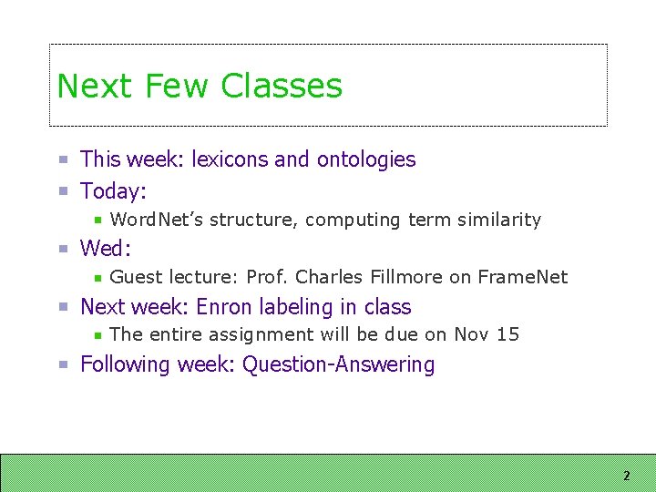Next Few Classes This week: lexicons and ontologies Today: Word. Net’s structure, computing term