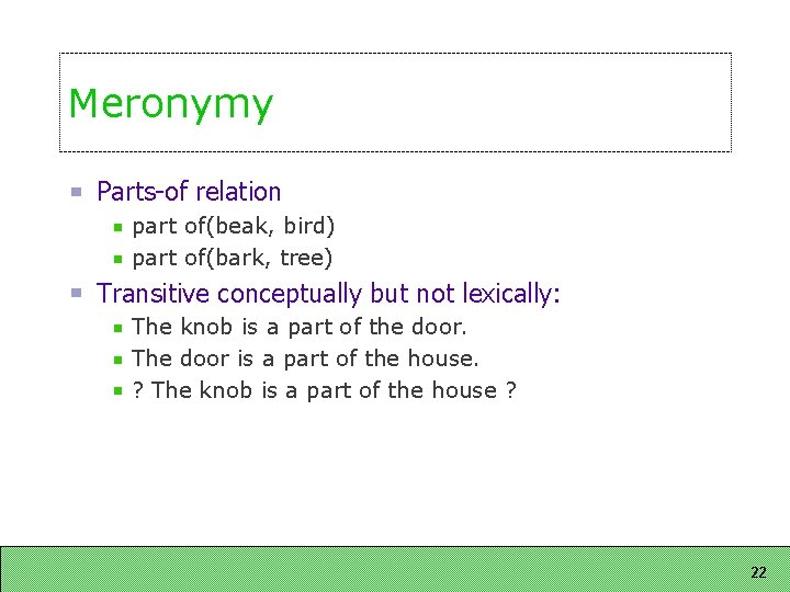 Meronymy Parts-of relation part of(beak, bird) part of(bark, tree) Transitive conceptually but not lexically: