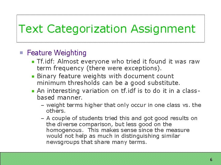 Text Categorization Assignment Feature Weighting Tf. idf: Almost everyone who tried it found it