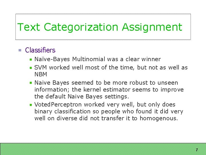 Text Categorization Assignment Classifiers Naïve-Bayes Multinomial was a clear winner SVM worked well most