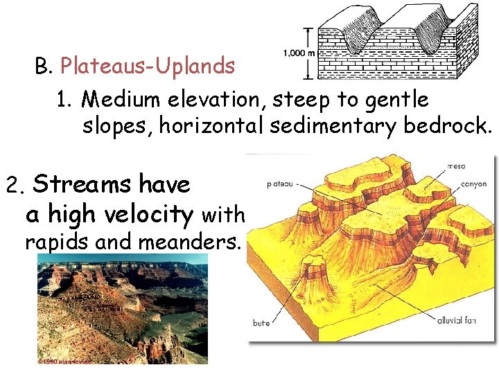 B. Plateaus-Uplands 1. Medium elevation, steep to gentle slopes, horizontal sedimentary bedrock. 2. Streams