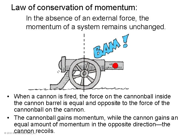 Law of conservation of momentum: In the absence of an external force, the momentum