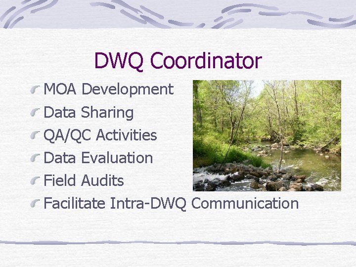 DWQ Coordinator MOA Development Data Sharing QA/QC Activities Data Evaluation Field Audits Facilitate Intra-DWQ