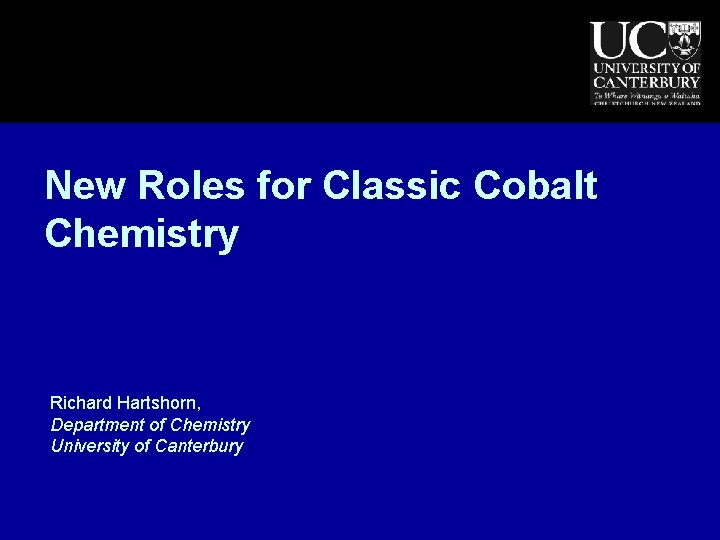 New Roles for Classic Cobalt Chemistry Richard Hartshorn, Department of Chemistry University of Canterbury