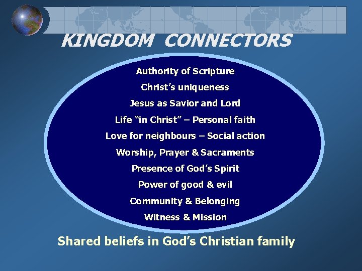 KINGDOM CONNECTORS Authority of Scripture Christ’s uniqueness Jesus as Savior and Lord Life “in