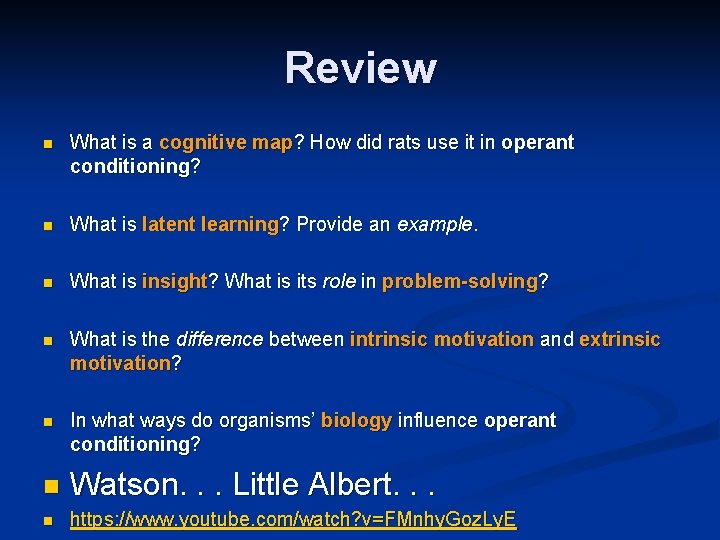 Review n What is a cognitive map? How did rats use it in operant