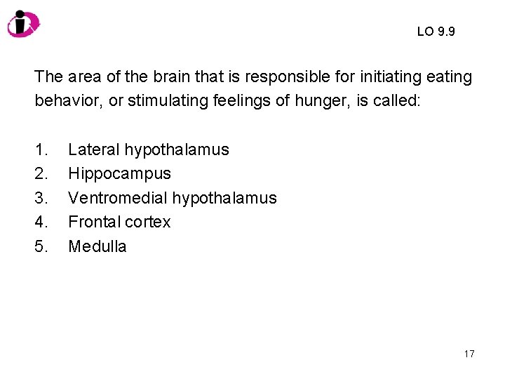 LO 9. 9 The area of the brain that is responsible for initiating eating