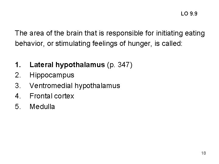 LO 9. 9 The area of the brain that is responsible for initiating eating