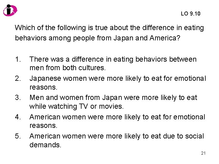 LO 9. 10 Which of the following is true about the difference in eating