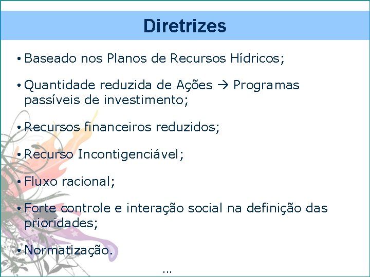 Diretrizes • Baseado nos Planos de Recursos Hídricos; • Quantidade reduzida de Ações Programas