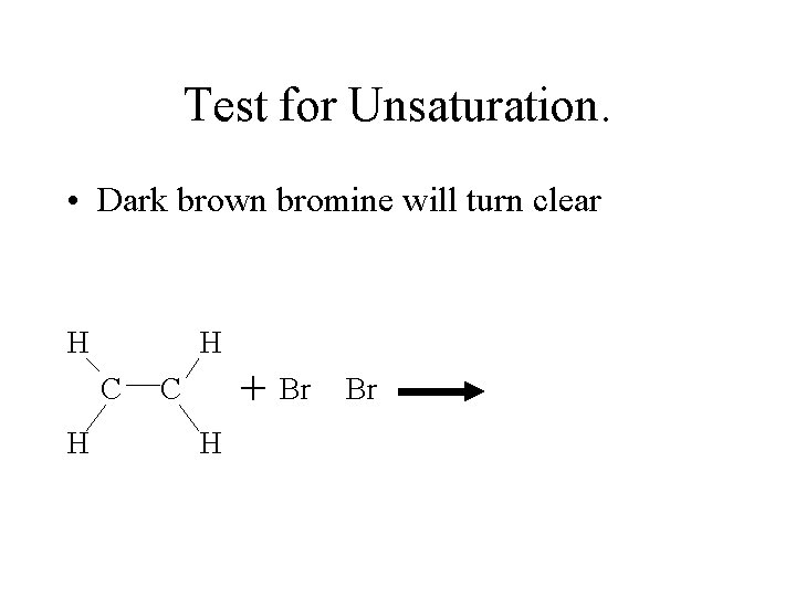Test for Unsaturation. • Dark brown bromine will turn clear H H C H Test for Unsaturation. • Dark brown bromine will turn clear H H C H