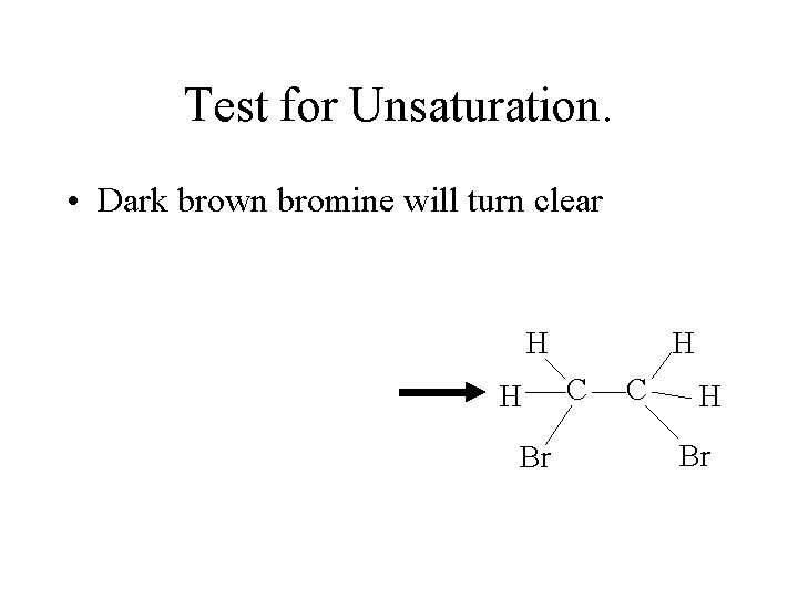 Test for Unsaturation. • Dark brown bromine will turn clear H H Br H Test for Unsaturation. • Dark brown bromine will turn clear H H Br H