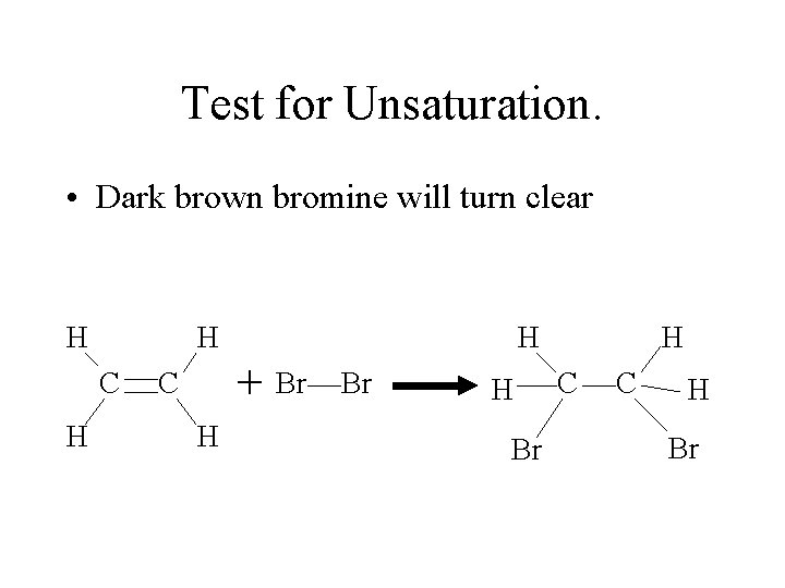 Test for Unsaturation. • Dark brown bromine will turn clear H H C H Test for Unsaturation. • Dark brown bromine will turn clear H H C H