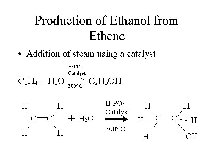 Production of Ethanol from Ethene • Addition of steam using a catalyst H 3 Production of Ethanol from Ethene • Addition of steam using a catalyst H 3