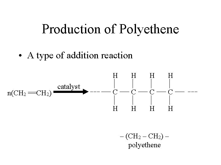 Production of Polyethene • A type of addition reaction n(CH 2 ==CH 2) catalyst Production of Polyethene • A type of addition reaction n(CH 2 ==CH 2) catalyst