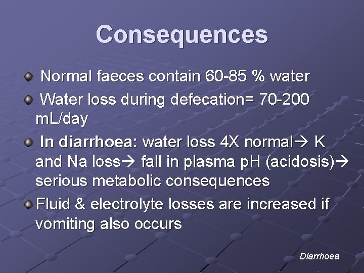 Consequences Normal faeces contain 60 -85 % water Water loss during defecation= 70 -200