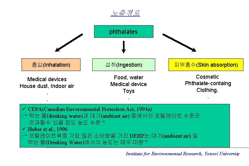 노출경로 phthalates 흡입(Inhalation) Medical devices House dust, Indoor air. . 섭취(Ingestion) Food, water Medical