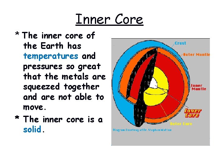 Inner Core * The inner core of the Earth has temperatures and pressures so