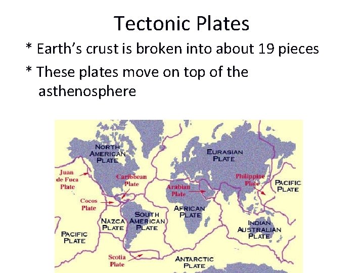 Tectonic Plates * Earth’s crust is broken into about 19 pieces * These plates