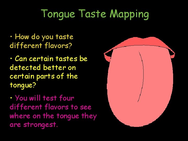 Tongue Taste Mapping • How do you taste different flavors? • Can certain tastes