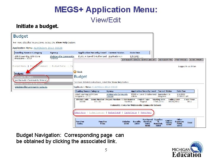 MEGS+ Application Menu: Initiate a budget. View/Edit Budget Navigation: Corresponding page can be obtained