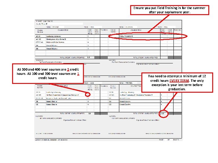 Ensure you put Field Training in for the summer after your sophomore year. 12