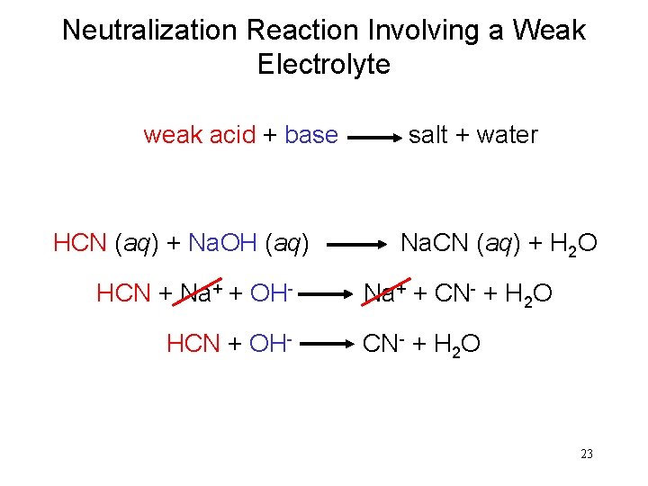 Neutralization Reaction Involving a Weak Electrolyte weak acid + base salt + water HCN