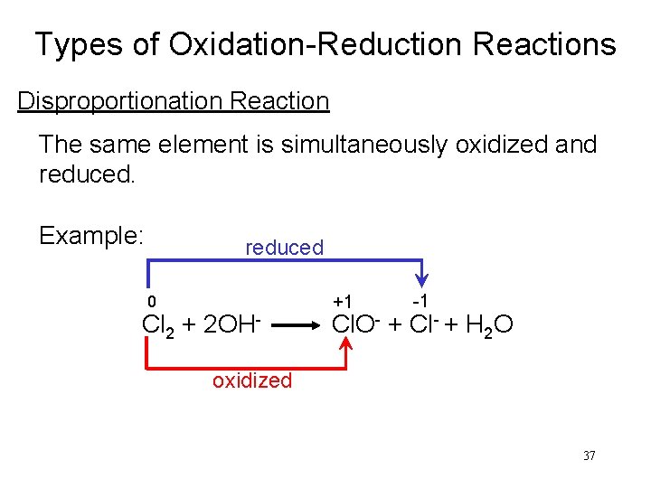 Types of Oxidation-Reduction Reactions Disproportionation Reaction The same element is simultaneously oxidized and reduced.