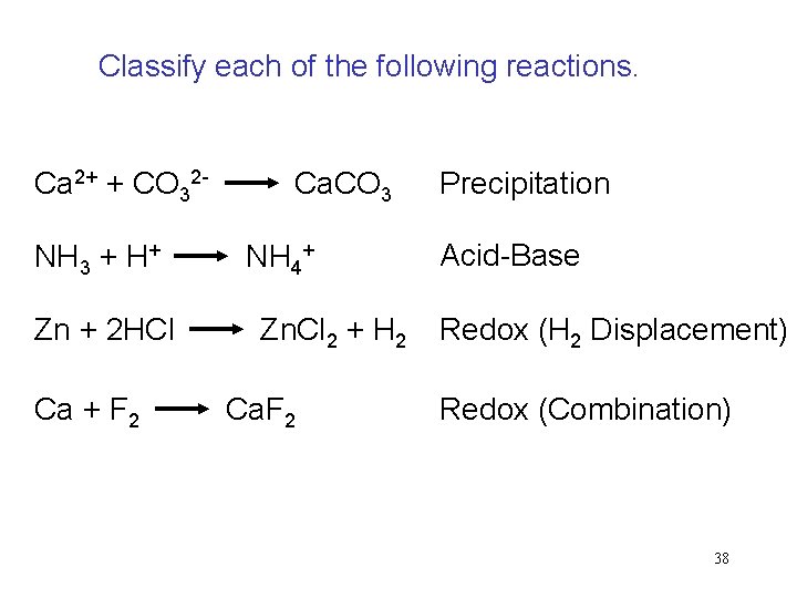 Classify each of the following reactions. Ca 2+ + CO 32 - Ca. CO