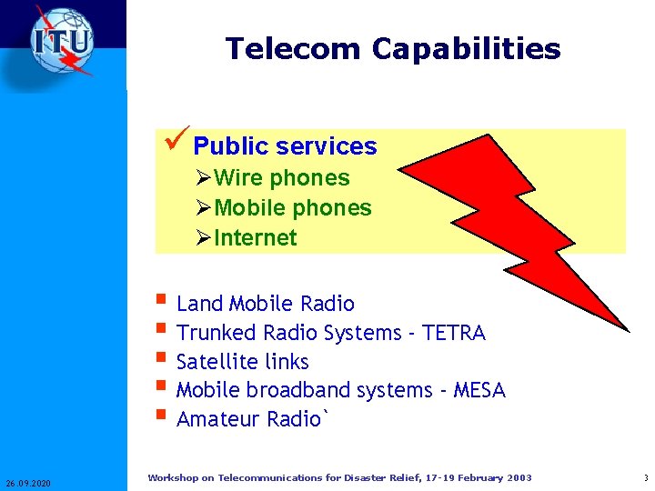 Telecom Capabilities üPublic services ØWire phones ØMobile phones ØInternet § Land Mobile Radio §