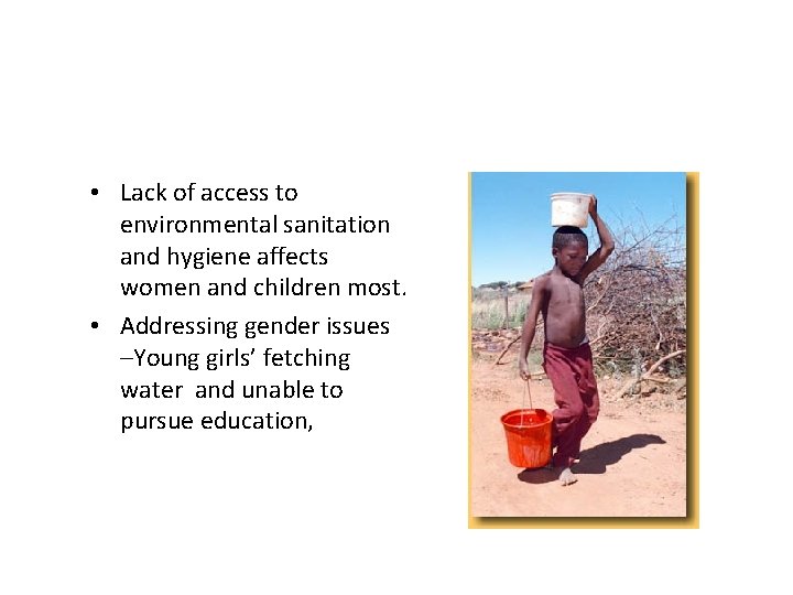  • Lack of access to environmental sanitation and hygiene affects women and children