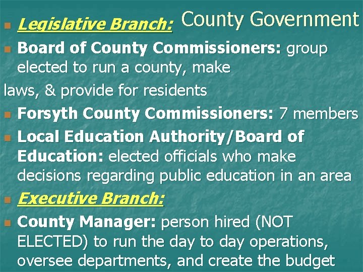 n Legislative Branch: County Government Board of County Commissioners: group elected to run a