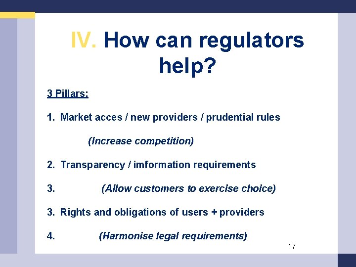 IV. How can regulators help? 3 Pillars: 1. Market acces / new providers /