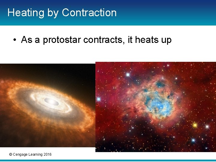Heating by Contraction • As a protostar contracts, it heats up © Cengage Learning Heating by Contraction • As a protostar contracts, it heats up © Cengage Learning