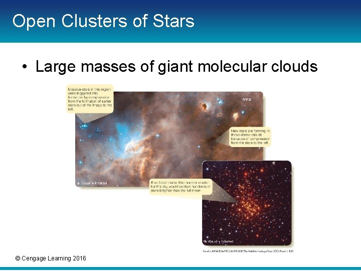 Open Clusters of Stars • Large masses of giant molecular clouds © Cengage Learning Open Clusters of Stars • Large masses of giant molecular clouds © Cengage Learning