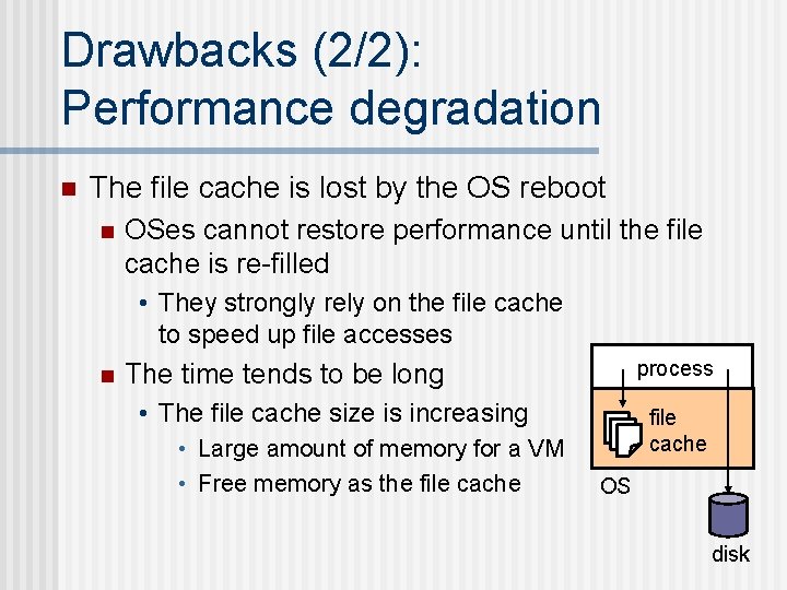 Drawbacks (2/2): Performance degradation n The file cache is lost by the OS reboot