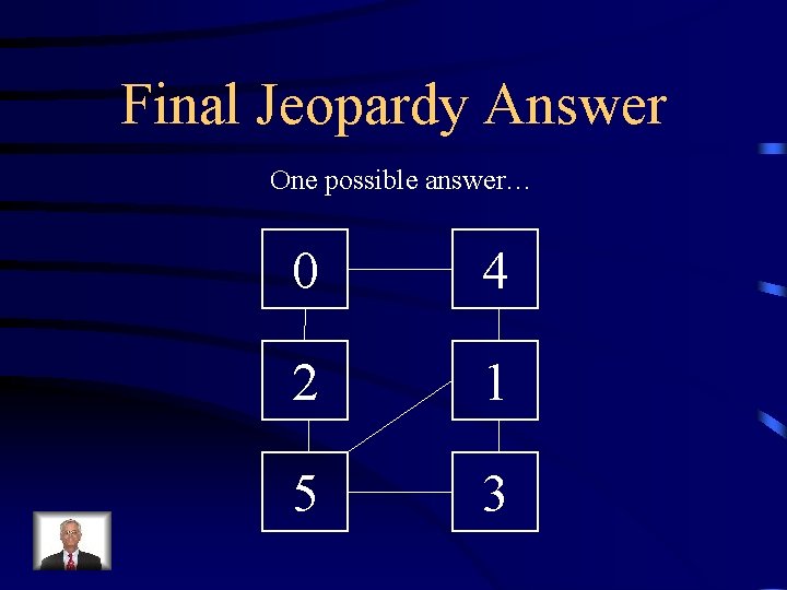 Final Jeopardy Answer One possible answer… 0 4 2 1 5 3 