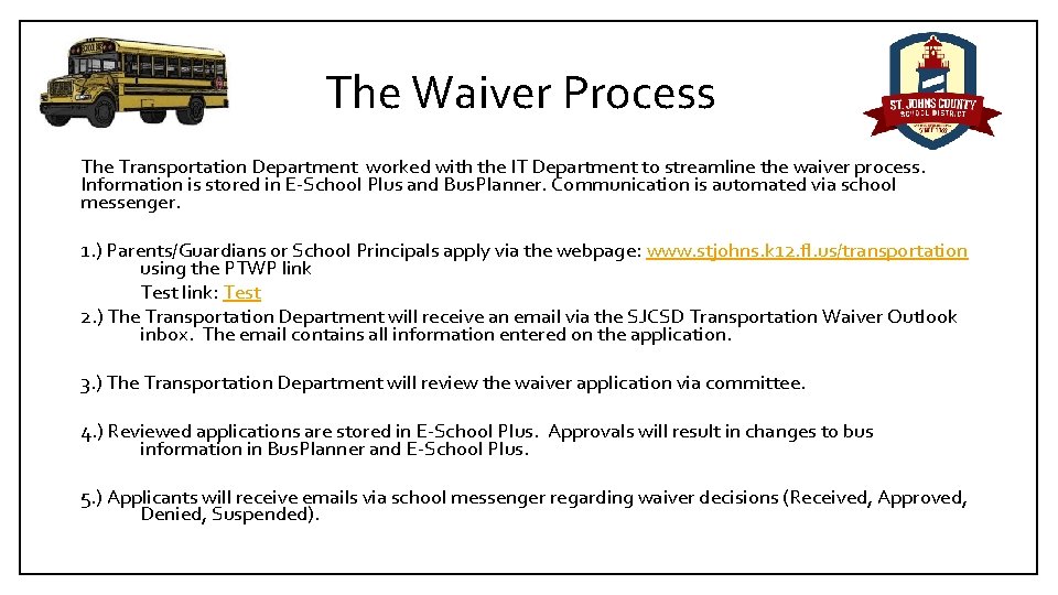 The Waiver Process The Transportation Department worked with the IT Department to streamline the